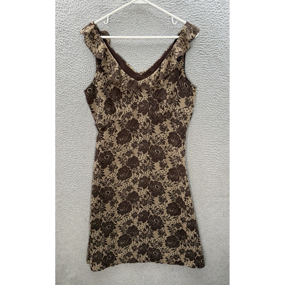 Vintage Old Navy Dress Womens 12 Brown Tan Floral Ruffled V Neck Preppy Y2K